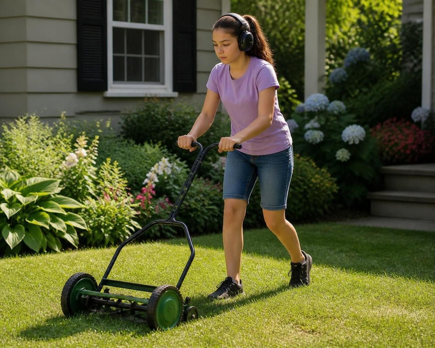 mowing girl