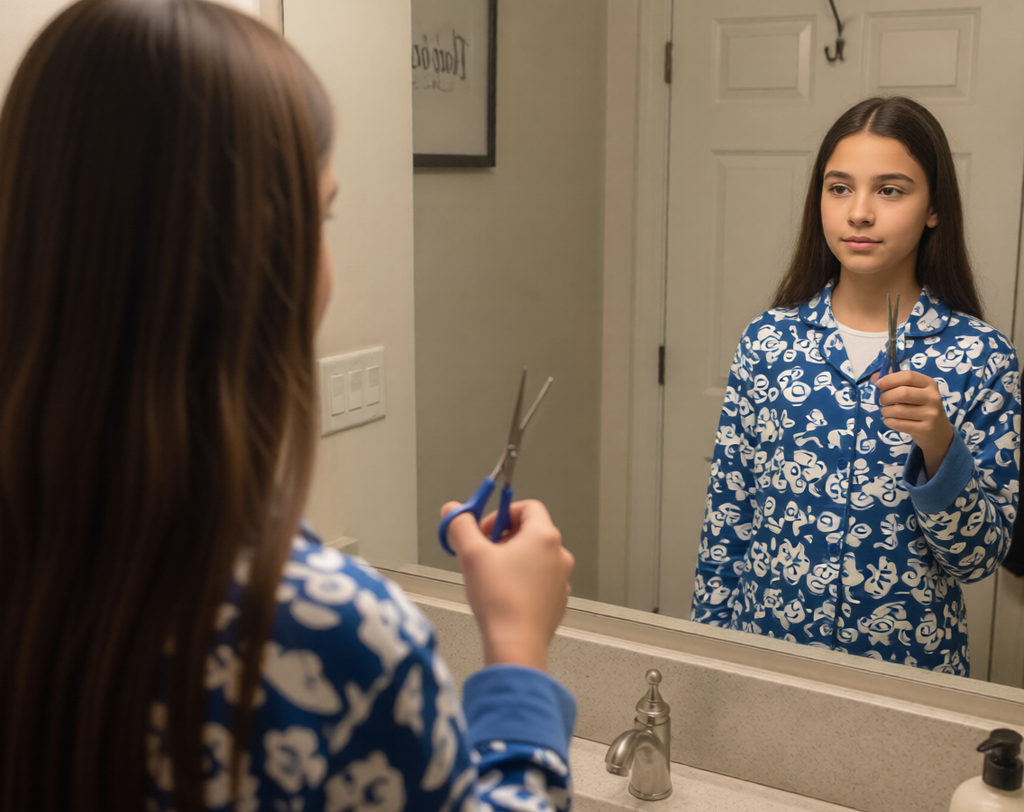 trimming hair girl